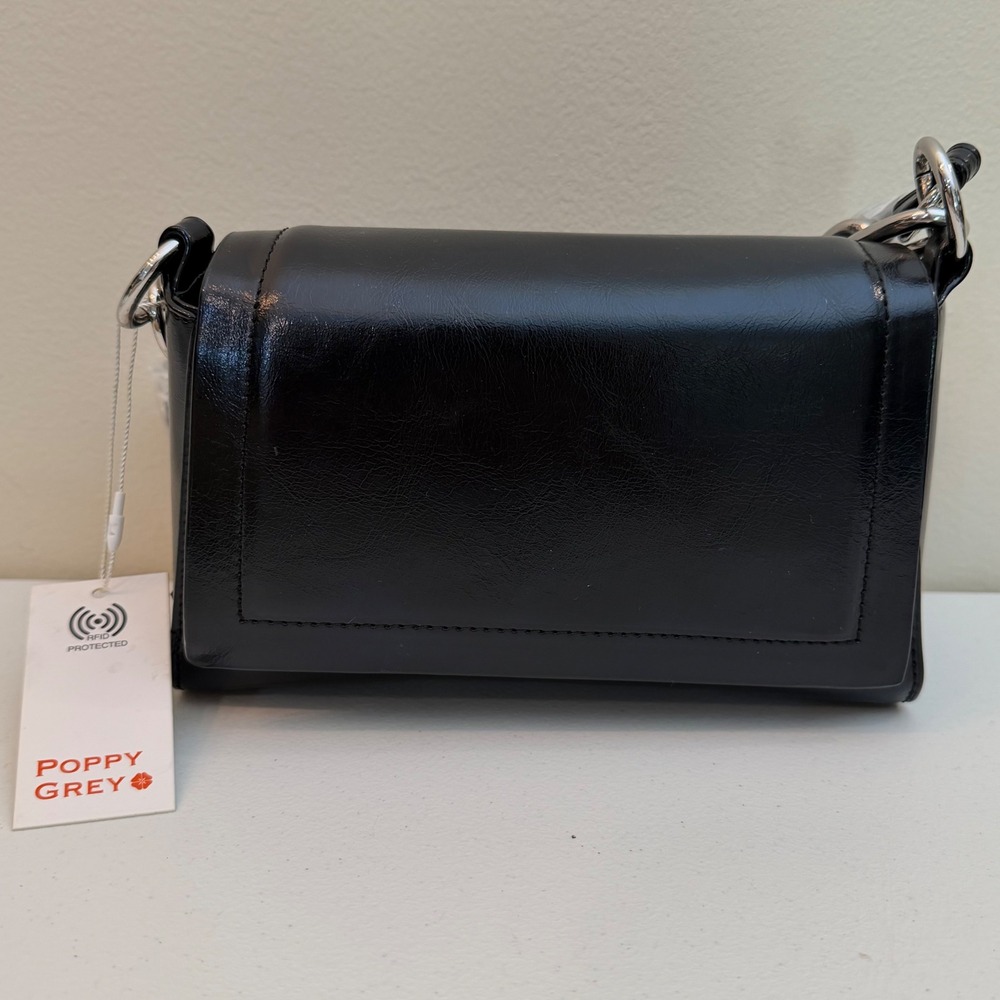 NEW Poppy Grey Black Faux Leather Crossbody Bag RFID Leopard Print Chain Chic